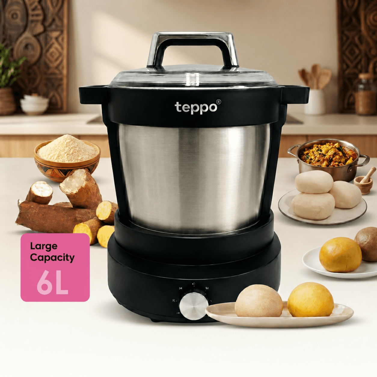 TEPPO 6L SWALLOW MAKER β MULTIPLE PURPOSE AUTOMATIC POUNDER/FOOD PROCESSOR for Fufu, Eba, Kuli Kuli, Yam, Amala & Banku (Silver)